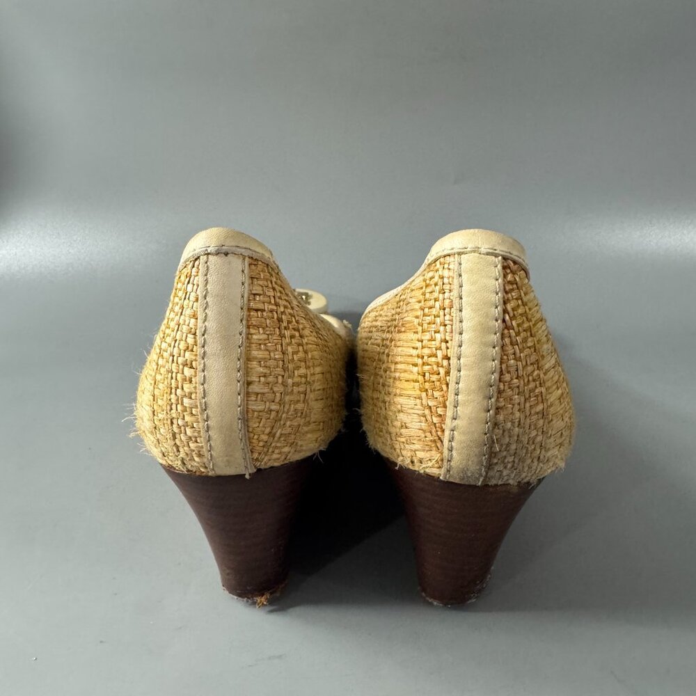 TORY BURCH Tory Burch Beige White Jute Leather Wedge Pumps, Women’s SZ 9 - Picture 8 of 16